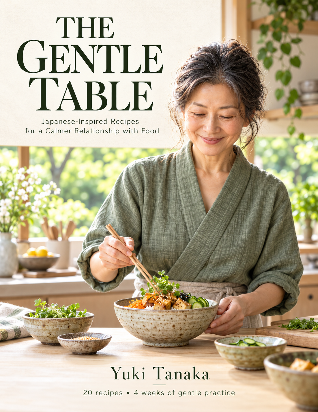 The Gentle Table ebook beside a tofu rice bowl
