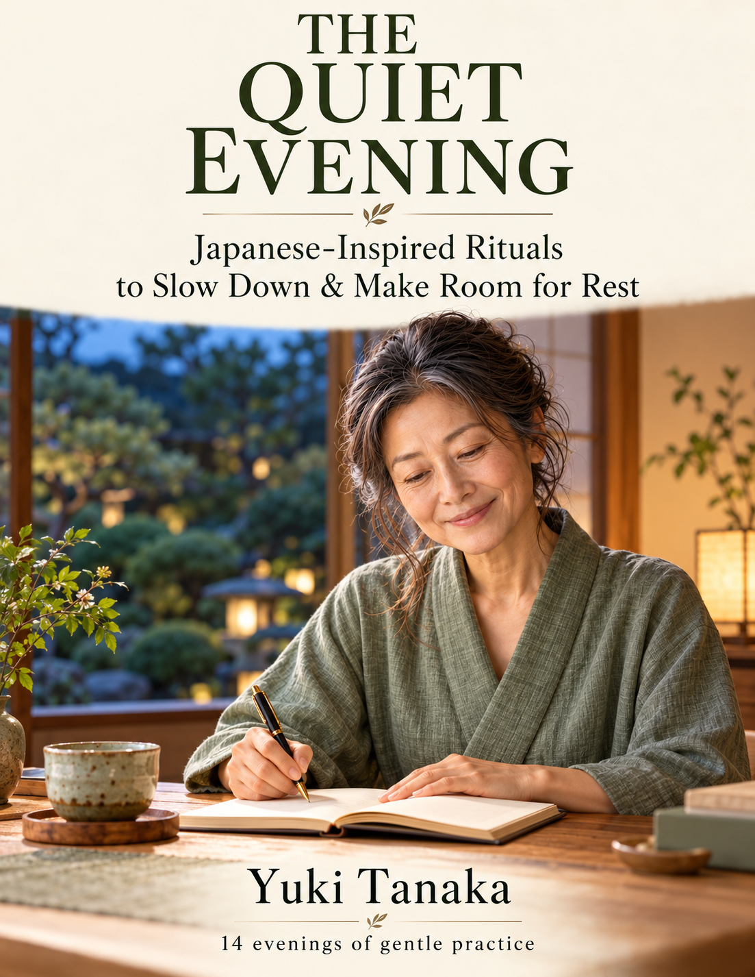 The Quiet Evening ebook beside a Japanese garden