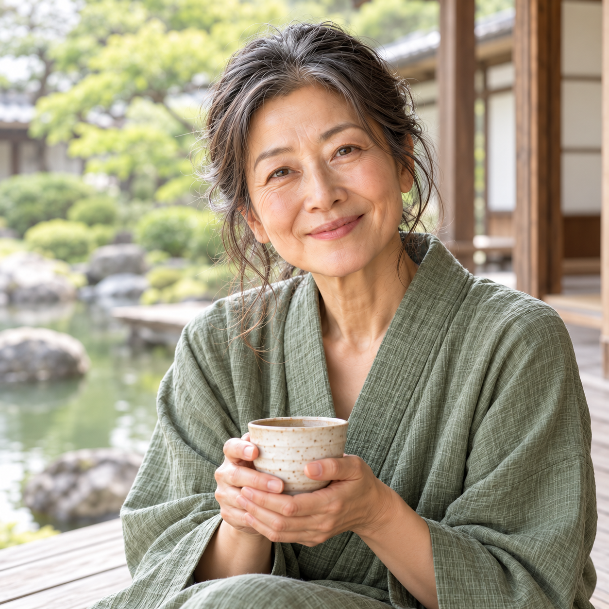 Yuki Tanaka holding a cup of tea beside a Japanese garden pond