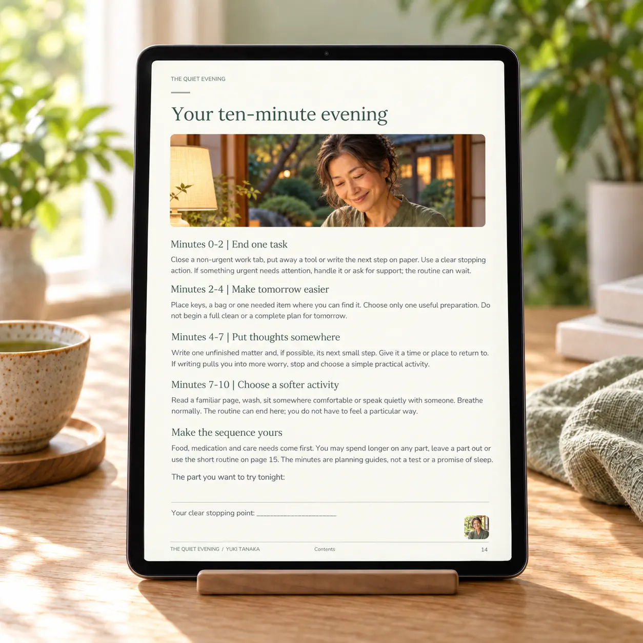 Ten-minute evening guide from The Quiet Evening displayed on a tablet