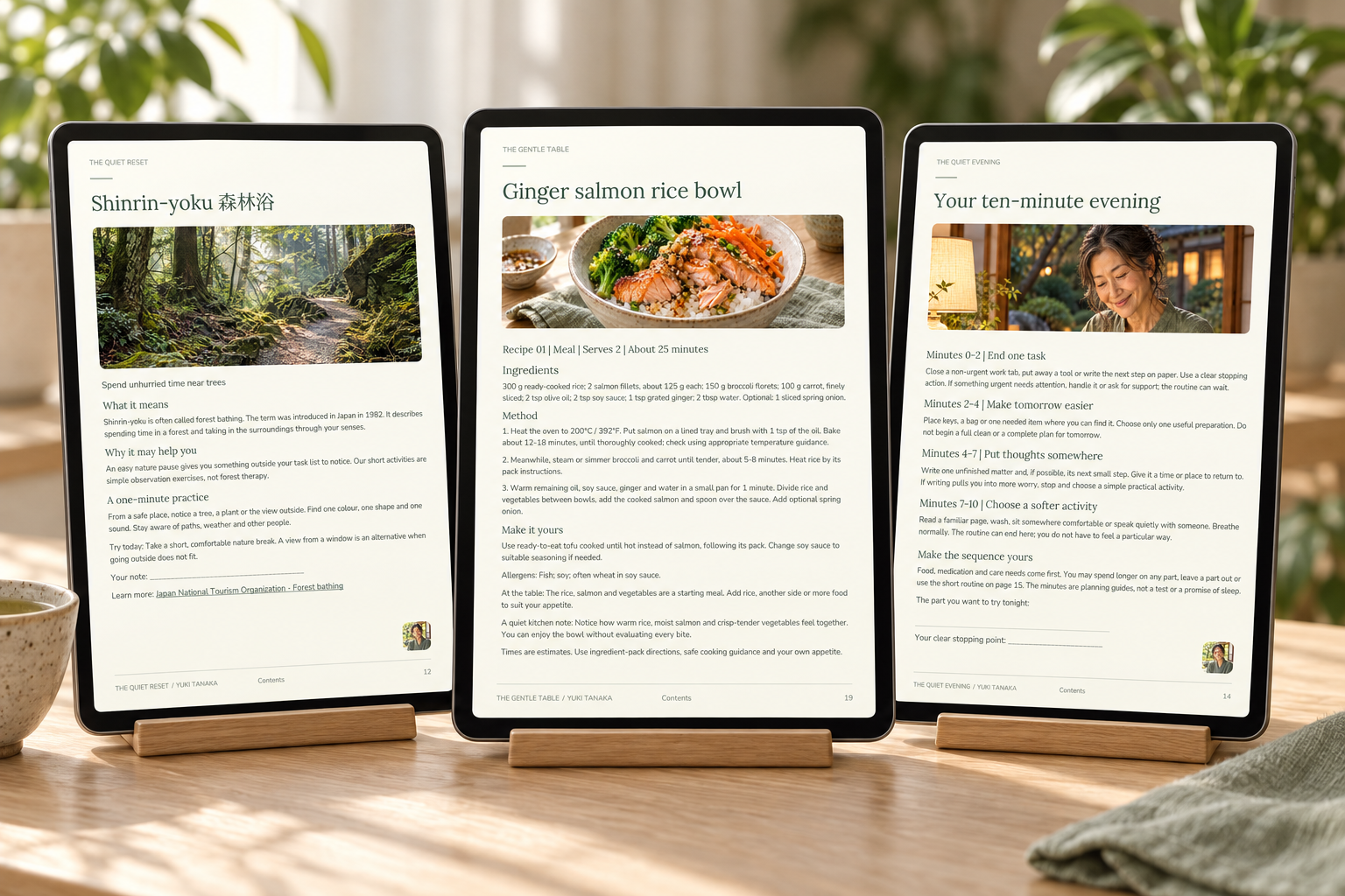 Pages from the three Quiet Living ebooks displayed on tablets