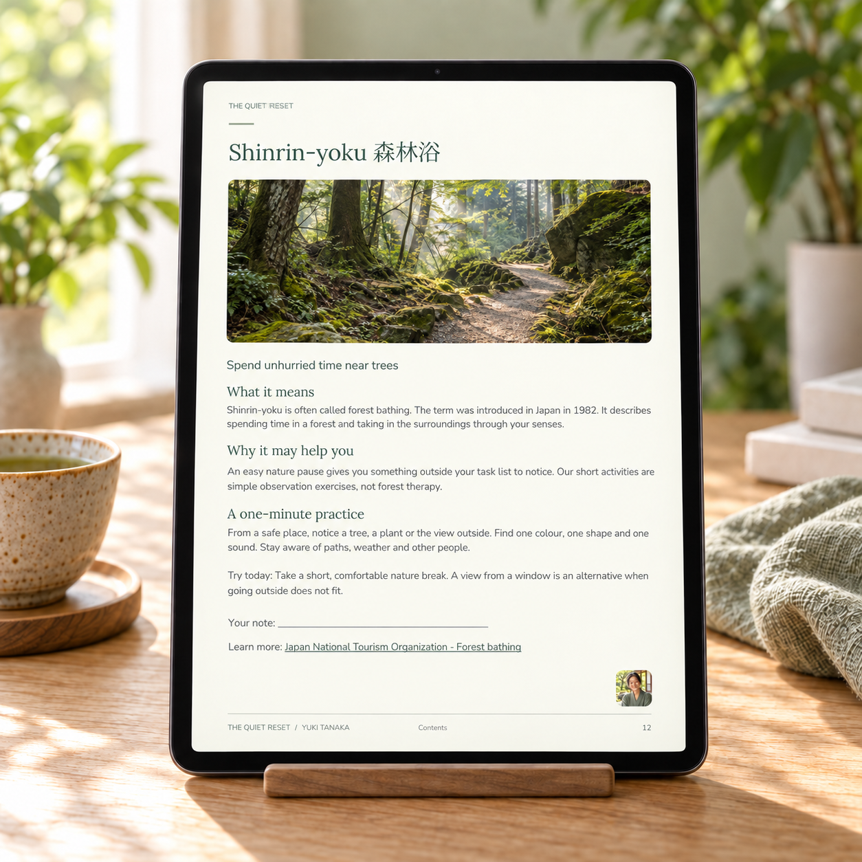 Shinrin-yoku page from The Quiet Reset displayed on a tablet