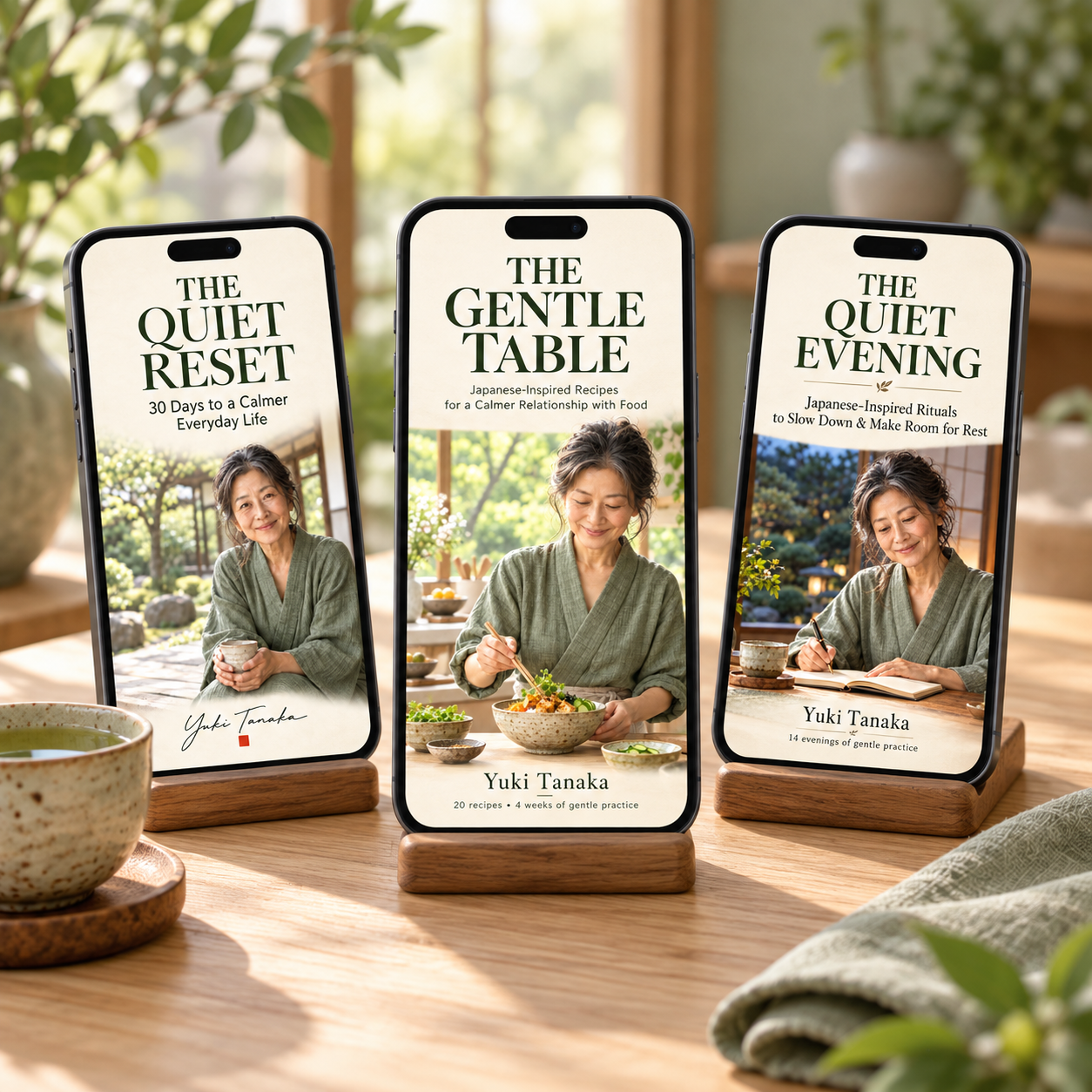 The three Quiet Living ebooks displayed on phones