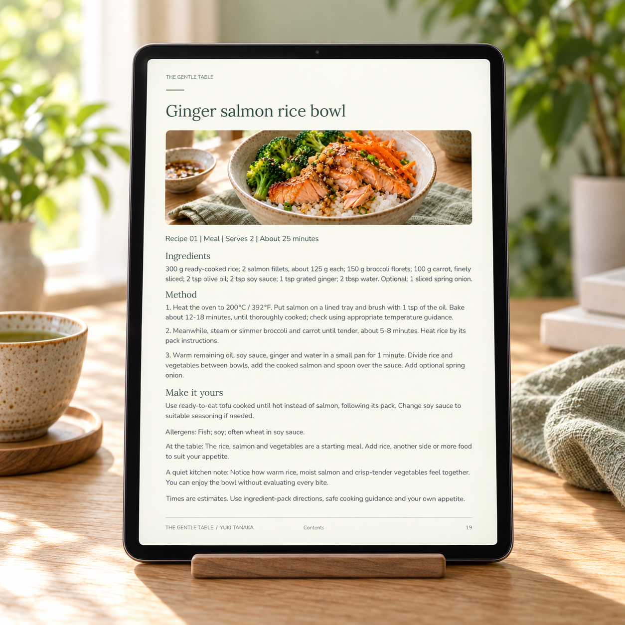 Ginger salmon rice bowl recipe from The Gentle Table displayed on a tablet